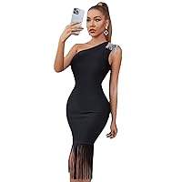 Exclusive Elegant Women Casual Maxi Formal Dress Black One Shoulder Bandage Tassel Summer Mermaid Gowns Evening Dress