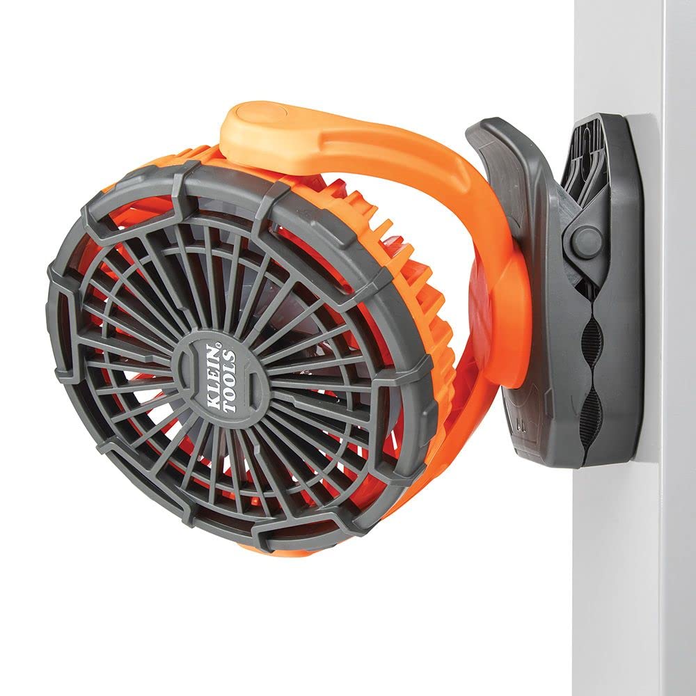 Klein Tools PJSFM1 Cordless Rechargeable Fan with USB-C Charging Cord and Multiple Mounting Options Perfect for the Jobsite, Orange/Gray, 7-Inch