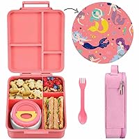MAISON HUIS Bento Lunch Box for Kids With 8oz Soup Thermos, Leakproof Lunch Compartment Containers with 4 Compartment Bento Box, Thermos Food Jar and Lunch Bag, BPA Free,Travel, School(Mermaid)