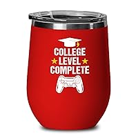 Graduation Wine Tumbler Red 12oz - College Level Completed - Student 2021 Graduates Grad Senior Video Game Lover Master Degree Daughter Son