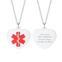 PJ JEWELLERY Medical Alert Necklace For Women - Personalised Custom Stainless Steel CNC Cubic Zirconia Heart Shape Medical Alert ID Pendant Necklace for Women or Girl with Chain