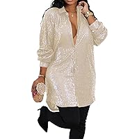 Mayntop Women Shirt Mini Dress Sparkly Real Sequin Button-Down Long Sleeve Party Club Loose Sexy Top