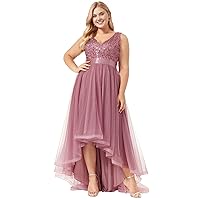 Ever-Pretty Womens Double V Neck A Line High Low Sequin Tulle Plus Size Formal Dresses for Curvy Women 0147A-DA