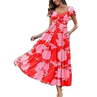 Jusfitsu Flowy Maxi Dresses for Women 2024 V Neck Casual Summer Dress with Pockets Flutter Sleeve Beach Dress