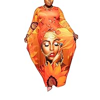 Elainone Women's African Plus Size Print Loose Maxi Dress Casual Long Sleeve T Shirt Long Dresses with Pockets