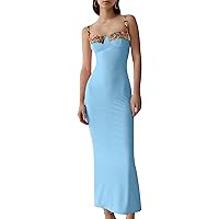 Women's Spaghetti Strap Floral Embroidered Dress Backless Strap Flower Lace-Up Slim Bodycon Long Dress Club