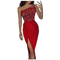 Maxi Dress for Women Sexy Sequin Solid Color Slit Maxi One Shoulder Cocktail Night