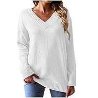 V Neck Pullover Sweater for Women Solid Knitted Jumper Trendy Long Sleeve Ribbed Knit Sweaters Loose Soft Blouse
