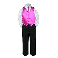 4pc Formal Baby Teen Boys Fuchsia Pink Vest Necktie Black Pants S-14 (14)
