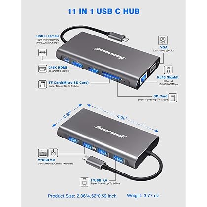 Hiearcool USB C Hub, USB-C Laptop Docking Station, 11IN1 Triple Display Type C Adapter Compatible for Dell Hp Lenovo Windows (2HDMI VGA PD3.0 SD TF Card Reader Gigabit Ethernet 4USB Ports)
