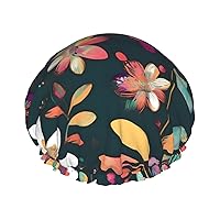 Colorful Boho Floral Print Shower Cap, Bath Shower Caps for Women Long Hair, Double Layer Waterproof Bathing Shower Hat