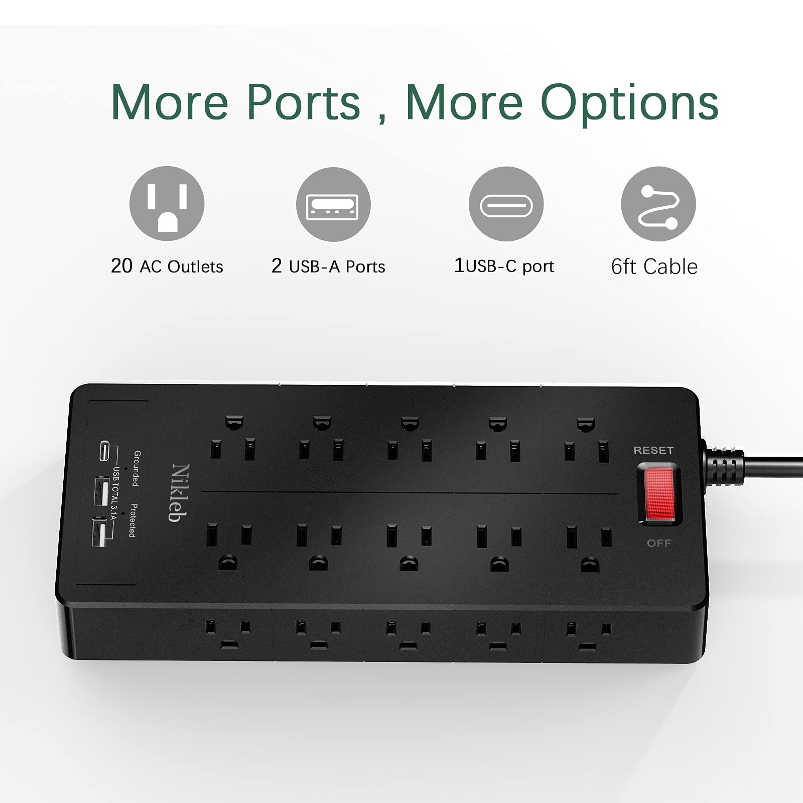 Power Strip 23 in 1, 20 Outlets Surge Protector Wall Mount with 2 USB Ports + 1 USB C Port 3.1A Total, Multi Plug Extension Cord 6ft Heavy Duty, USB Charging Station for Multiple Devices, Home, Office