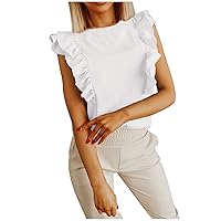 Womens Casual Crew Neck Frilled Ruffles Sleeveless Blouse Summer Solid Loose Fit Tank Tops Trendy Elegant Shirts