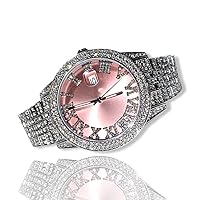 Men's Round White Silver Pink Numerical Dial Wrist Watch Band Luxury Round CZ Diamond Iced Bracelet Watch Roman Numeric Dial Watch For Men Women Hip Hop Rapper Choice, Iced Watch Custom Fit