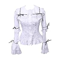 Antaina White Cotton Black Lace Ruffle Victorian Sailor Collar Shirt Blouse