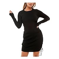 Womens Black Ribbed Tie Adjustable Side Ruching Long Sleeve Scoop Neck Above The Knee Body Con Dress Juniors XS