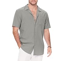 Men's Button Down Cotton Linen Shirts Short Sleeve Cuban Collar Summer Casual Beach Shirts with Pocket