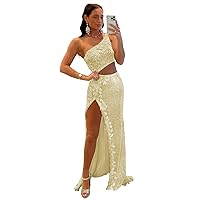 Lace Sequin Prom Dress for Women Long Mermaid Cutout One Shoulder Formal Evening Dresses with Slit