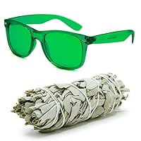GloFX Mindfulness Kit - (1) Green Color Therapy Glasses (1) White Sage Bundle - Smudge Stick Energy Cleansing Healing and Meditation Mood-Enhancing Chromotherapy