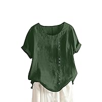 Linen Shirts for Women Round Neck Vintage Cotton and Hemp Solid Button Short Sleeve T-Shirt Top