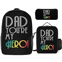 Dad My Hero Print Backpack 3Pcs Set Cute Back Pack with Lunch Bag Pencil Case Shoulder Bag Travel Daypack