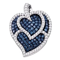 The Diamond Deal 10kt White Gold Womens Round Blue Color Enhanced Diamond Tripled Heart Outline Pendant 1.00 Cttw