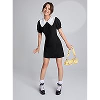 Women Dresses Contrast Peter Pan Collar Puff Sleeve Dress (Color : Black, Size : Large)