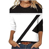Womens Summer Tops Color Block 3/4 Sleeve Shirts Round Neck Loose Casual Blouse Three Quarter Length T-Shirt