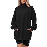 Famulily Womens Cute Turtleneck Long Puff Sleeve Pullover Cozy Warm Fleece Lined Sweatshirts with Side Pockets