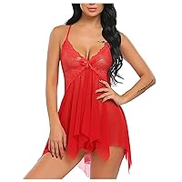 Ladies Sheer Lingerie, Lace Chemise Sexy Nightdress Babydoll for Women, V Neck Nightwear Mesh Lingerie with Thongs