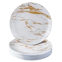 SILVER SPOONS Marble Design Disposable Dessert Plates For Party (10 Pc) Heavy Duty Disposable Dinner Set 7.5”, Fine Dining Plastic Dishes For Elegant China Look - White/Gold