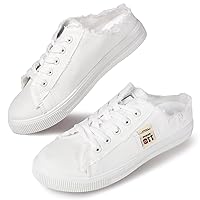 QZUnique Women's Canvas Sneakers, Slip-On Mule Backless Low Top Fashion Walking Shoes for Summer, White Lace up Casual Classic Comfortable Clipper Sneakers