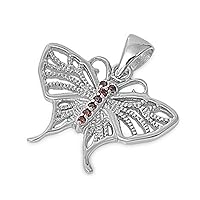 Cutout Wing Butterfly Pendant Simulated Garnet .925 Sterling Silver Bug Charm