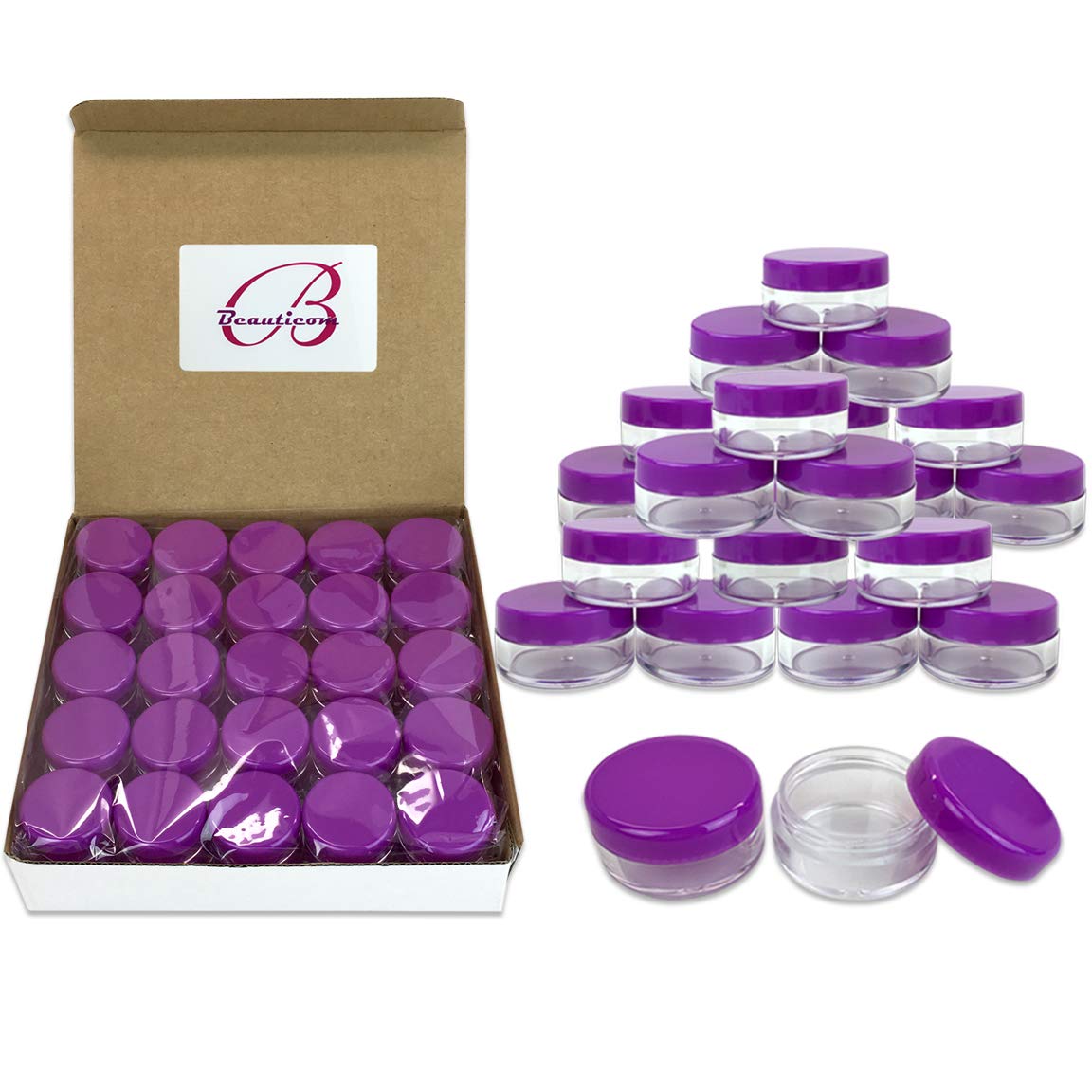 Beauticom 5G/5ML Round Clear Jars with Purple Lids for Jams, Honey, Cooking Oils, Herbs and Spices (Quantity: 100 Pieces)