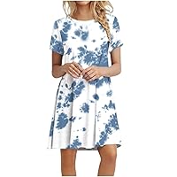 Women's Summer Dresses Fashion Casual Printed Round Neck Short Sleeve Mid Waist Loose Pullover Dress Dresses