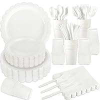 350 Pcs White Paper Plates and Napkins, 50 Guest White Party Supplies Include White Scalloped Plates Paper Napkin Cup Plastic Spoon Fork Knive for Baby Shower, Wedding, Birthday