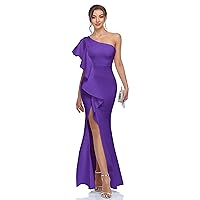 Women's One Shoulder Mermaid Formal Evening Dress Ruffled Split Satin Cocktail Dress Purple