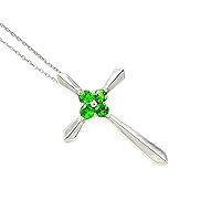 Natural 4 MM Round Green Garnet Tsavorite Gemstone 925 Sterling Silver Holy Cross Pendant Necklace January Birthstone Tsavorite Jewelry Gift For Her (PD-8486)