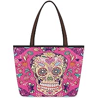 Skull Floral Ornament Fire Skull Large Tote Bag For Women Shoulder Handbags with Zippper Top Handle Satchel Bags for Shopping Travel Gym Work School