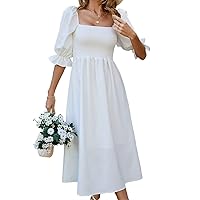 Summer Dresses for Women 2023 Plain Square Neck Shirred Detail Puff Sleeve A-line Dress