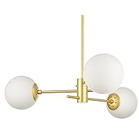 Milo Brass / Gold 3 Lights Chandelier with Opal White Glass Globe - Ceiling Light - Pendant Light for Kitchen Island, Dining Room, Living Room, Entry Hallway