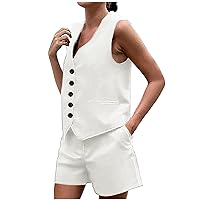 Dressy Linen Suit Sets Summer Sleeveless Blazer Outfits Women Button Down V Neck Waistcoat and Shorts with Pockets