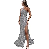 Long One Shoulder Sequins Prom Dress Empire Waist Sheat Mermaid Formal Dress with Split SF034