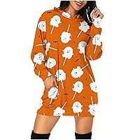Womens Halloween Sweatshirts Cute Spooky Graphic Hoodie Dress Long Sleeve Round Neck Pocket T Shirts Blouse Pullover