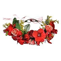 Flower Garland Headband Rose Flower Crown Hair Wreath Floral Halo Headpiece Boho with Ribbon Wedding Party Photos Red