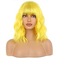 Short Yellow Bob Wig with Bangs for Women Bright Yellow Curly Wavy Hair Wigs Heat Resistant Synthetic Wig