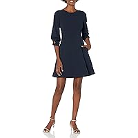 Lark & Ro Women's Gathered 3/4 Sleeve Crew Neck Fit and Flare Dress with Pockets