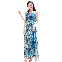100% Mulberry Silk Halter Backless Maxi Dresses Women Elastic Waist Sleeveless Print Boho Dress