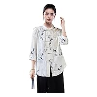 Women Blouse Silk Printed Mock Neck Dropped Shoulder 3/4 Sleeve Hand Button Grey Retro Top 156