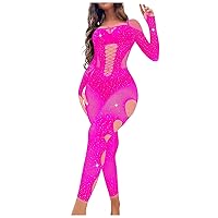 Womens Fishnet Bodystocking Sexy Mesh Lingerie Lace Hollow Out Bodysuit Long Sleeve Cold Shoulder One Piece Teddy Pantyhose